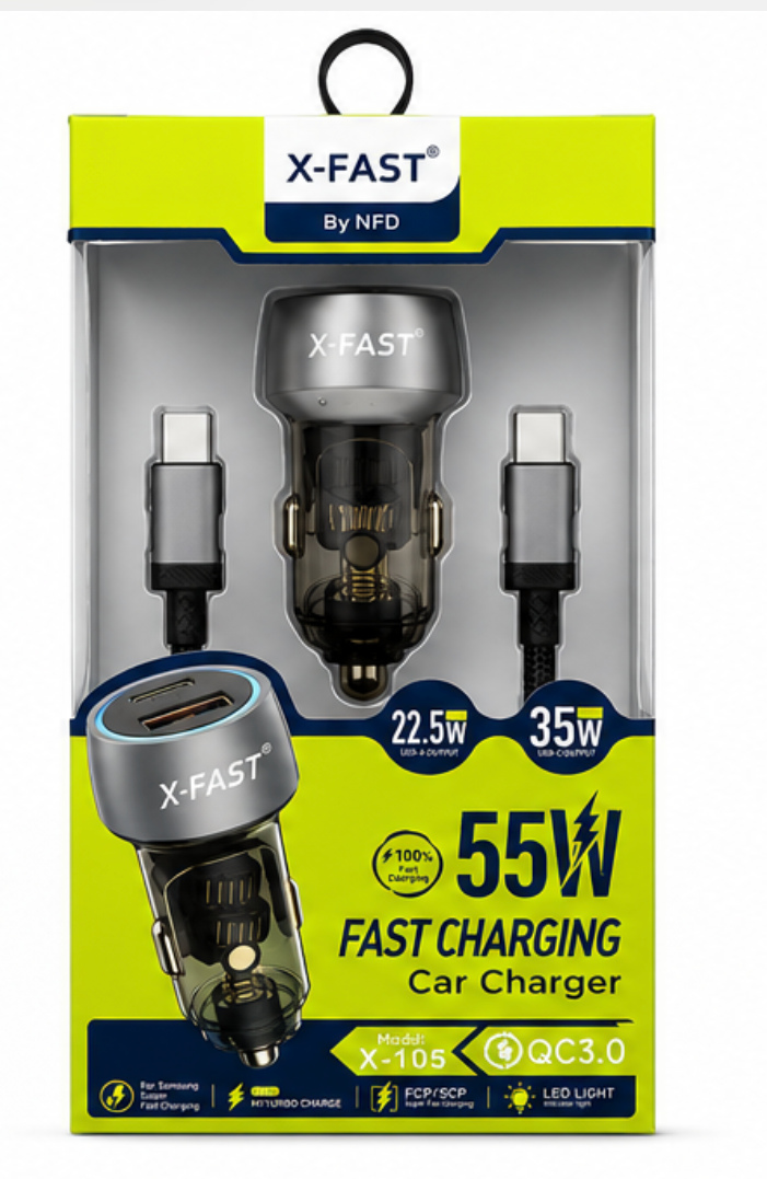 X-FAST 55W Fast Charging Car Charger Kit – USB-C & USB-A Dual Port