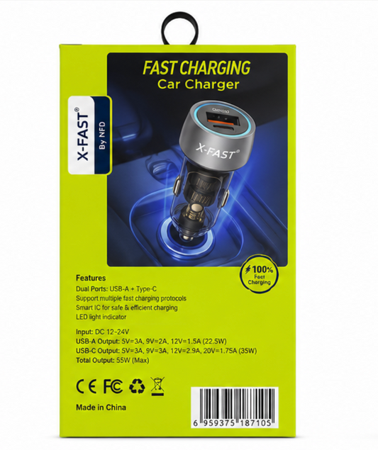 X-FAST 55W Fast Charging Car Charger Kit – USB-C & USB-A Dual Port